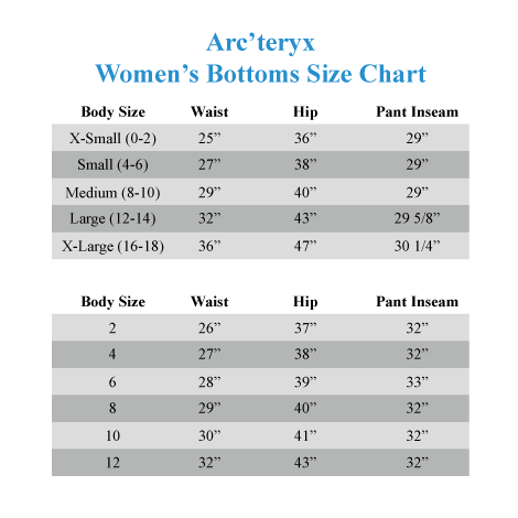 Arcteryx Size Chart Pants