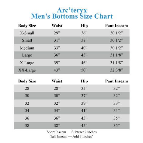 Arcteryx Size Chart Pants