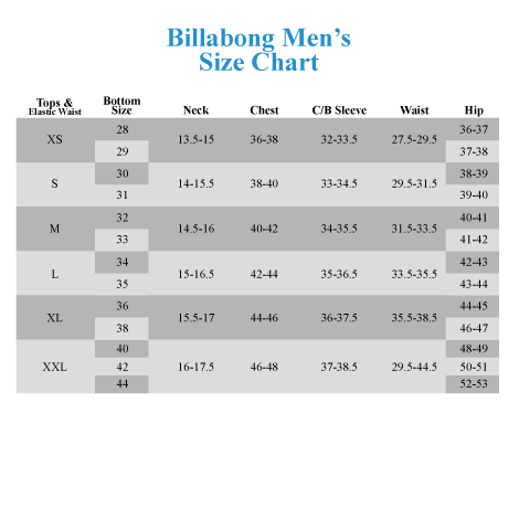 Billabong Junior Size Chart