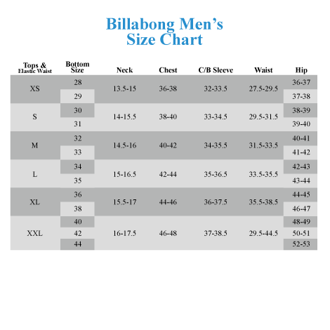 Billabong Board Shorts Size Chart