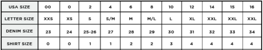 Sammy Dress Size Chart Conversion