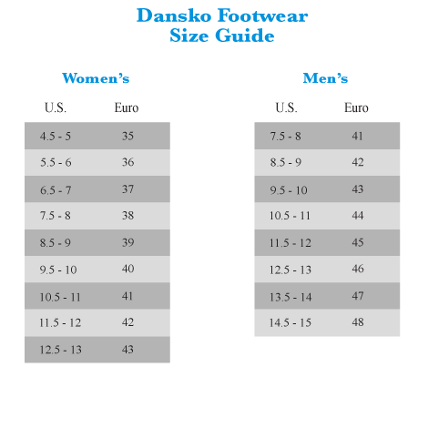 dansko clogs size chart