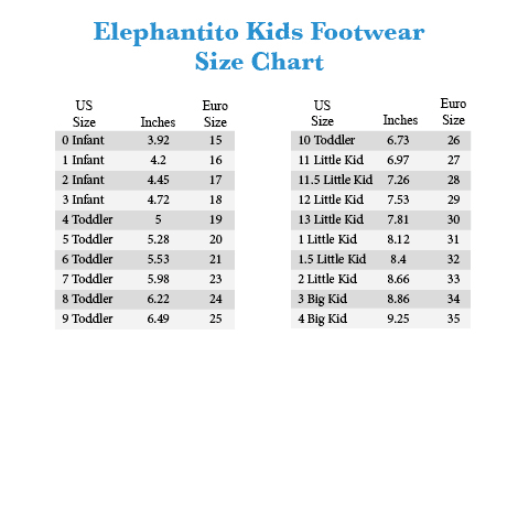 Elephantito Shoes Size Chart