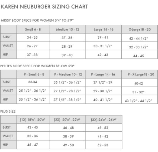 Neuburger Pajamas Size Chart