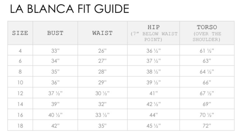 La Blanca Size Chart