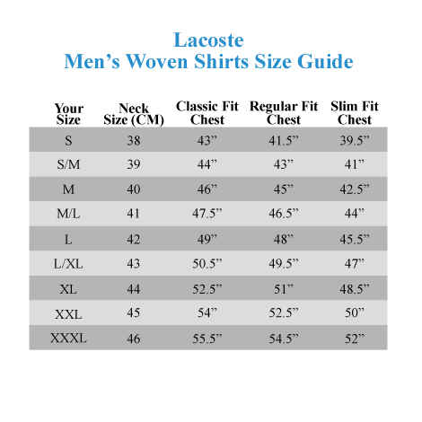 lacoste number sizes
