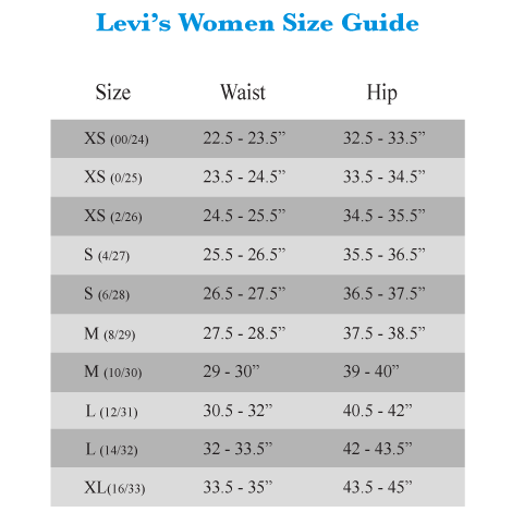 size chart for levi jeans