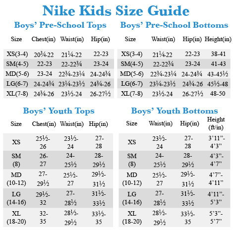 Nike Junior Clothing Size Chart