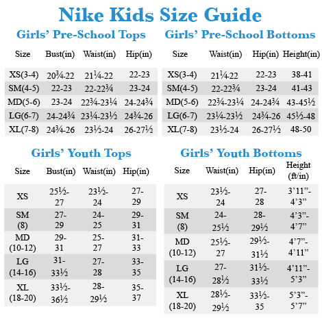 nike size guide girls