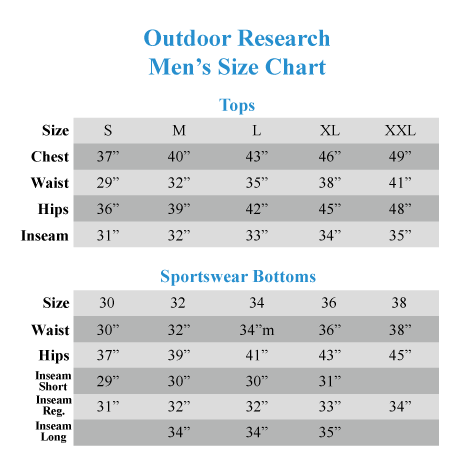 Outdoor Research Pants Size Chart