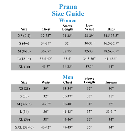 Prana Zion Size Chart