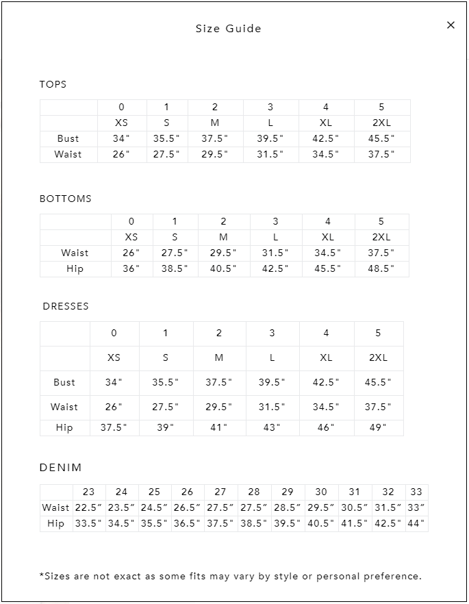 Parker Dress Size Chart