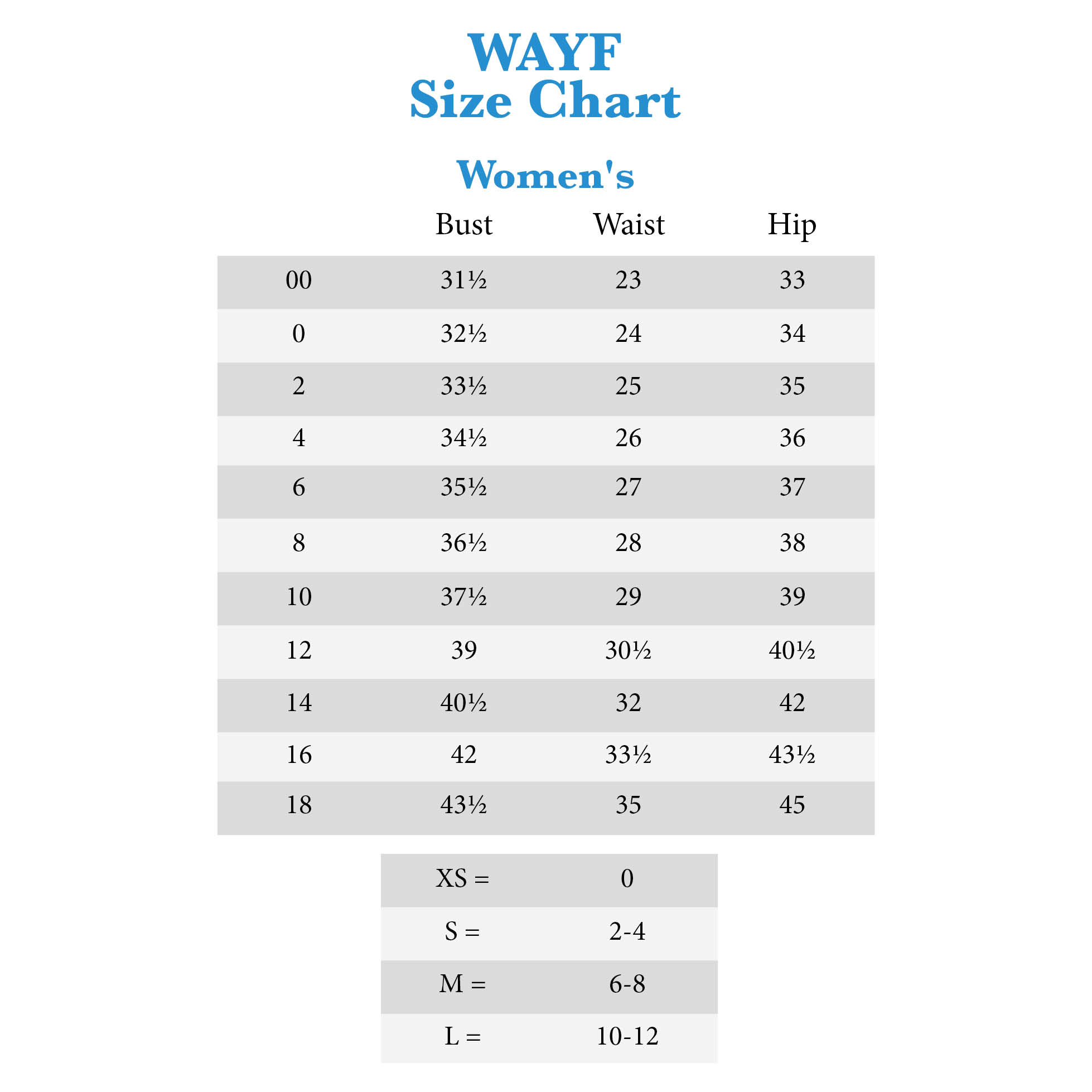 Wayf Size Chart