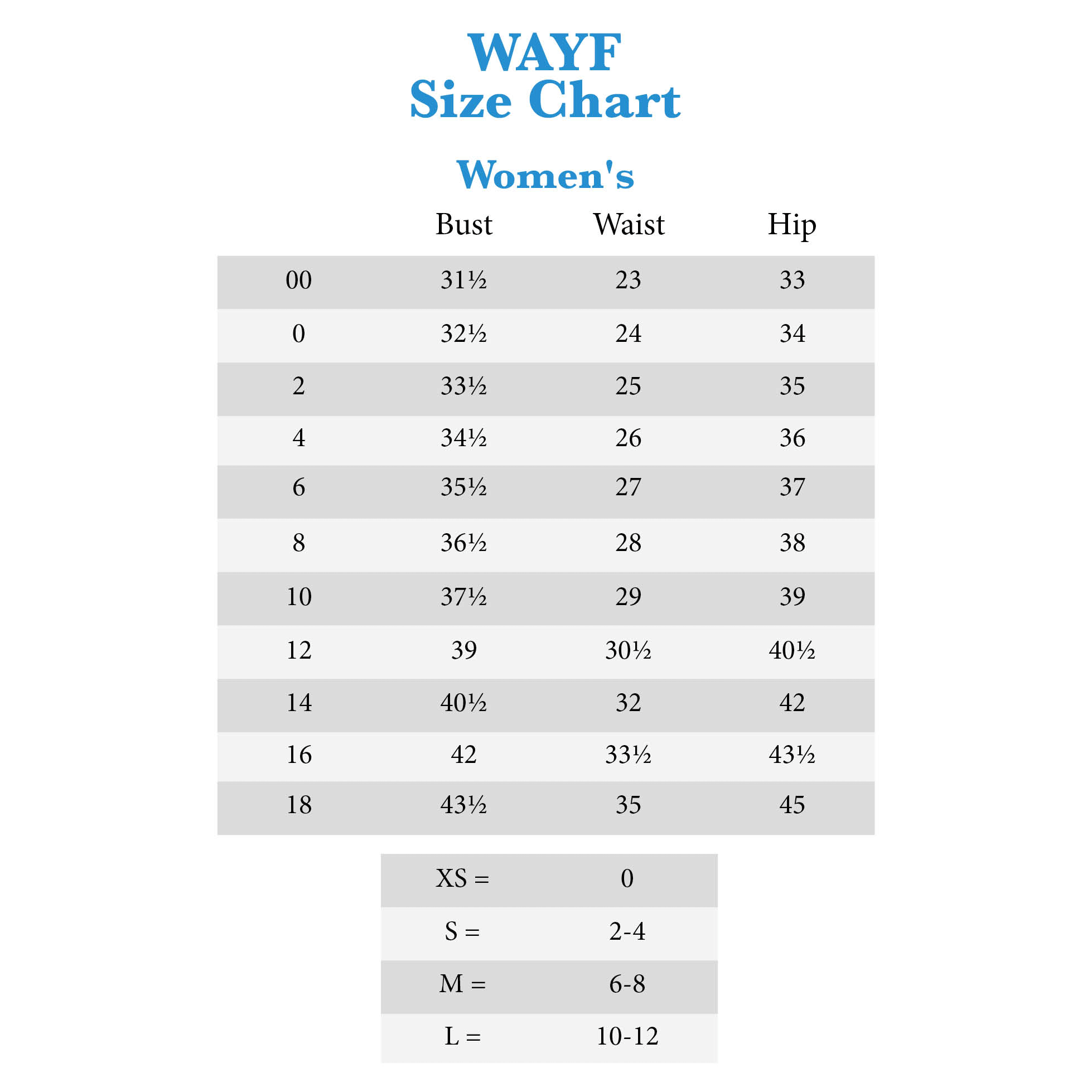 Weekday Size Chart