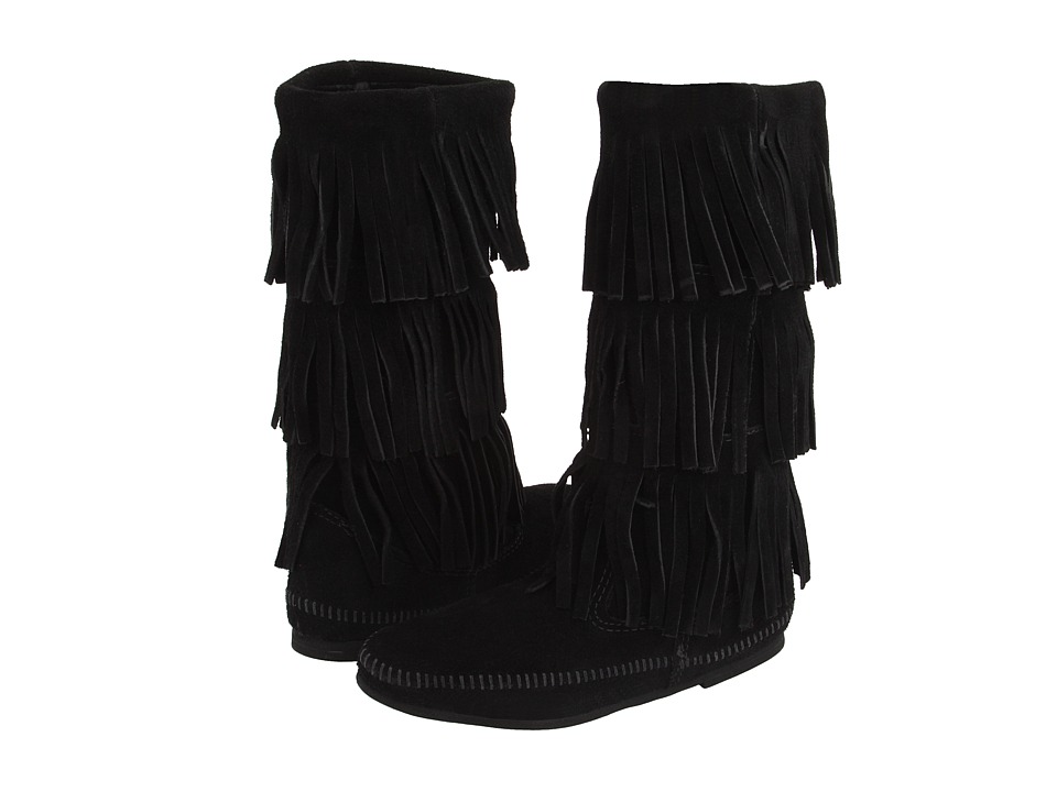 Minnetonka Calf Hi 3-Layer Fringe Boot (Black Suede) Women's Pull-on Boots