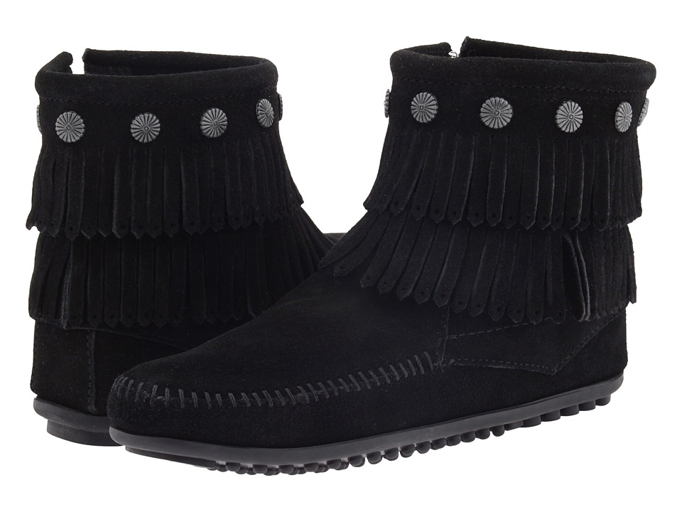 Minnetonka Double Fringe Side Zip Boot (Black Suede)