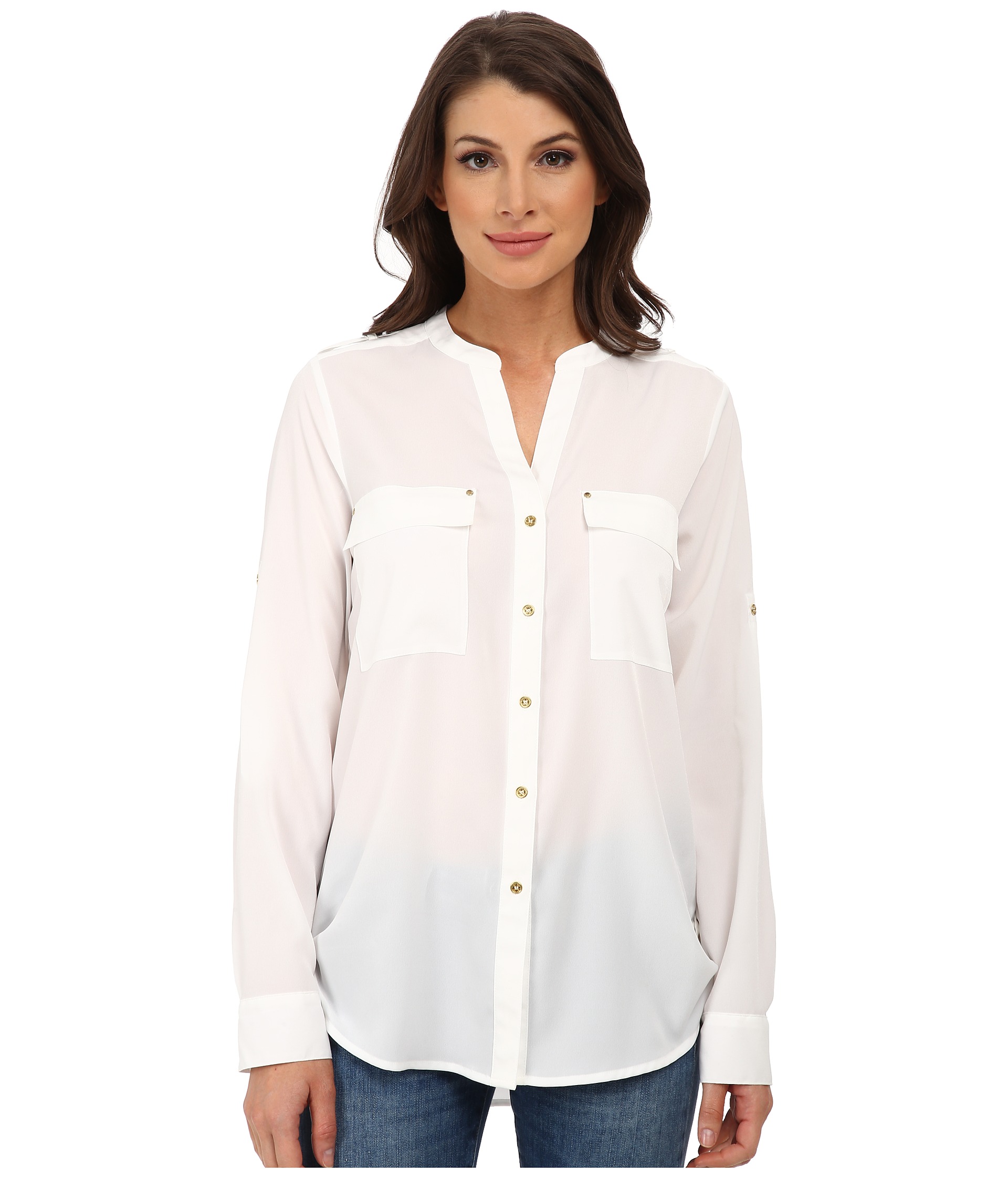 Calvin Klein Crew Neck Roll Sleeve Blouse - Zappos.com Free Shipping ...