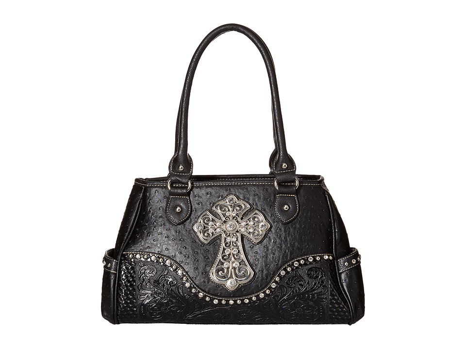 M&F Western - Ostrich Cross Satchel (Black) Satchel Handbags