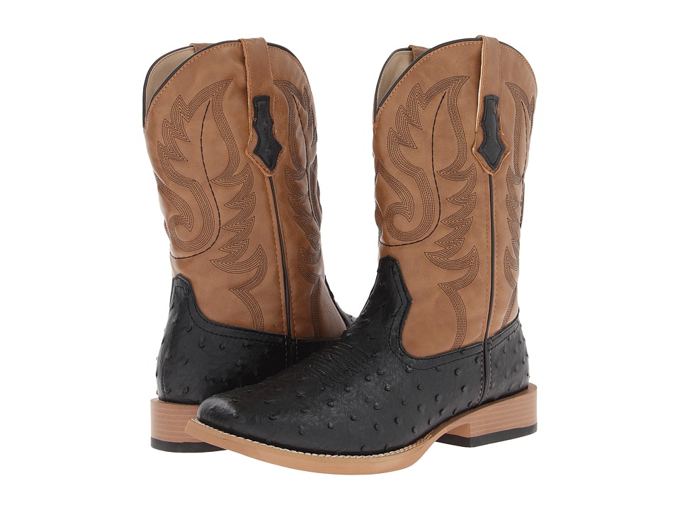 Roper - Ostrich Print Square Toe Cowboy Boot (Black Faux Leather/Western Stitch) Cowboy Boots