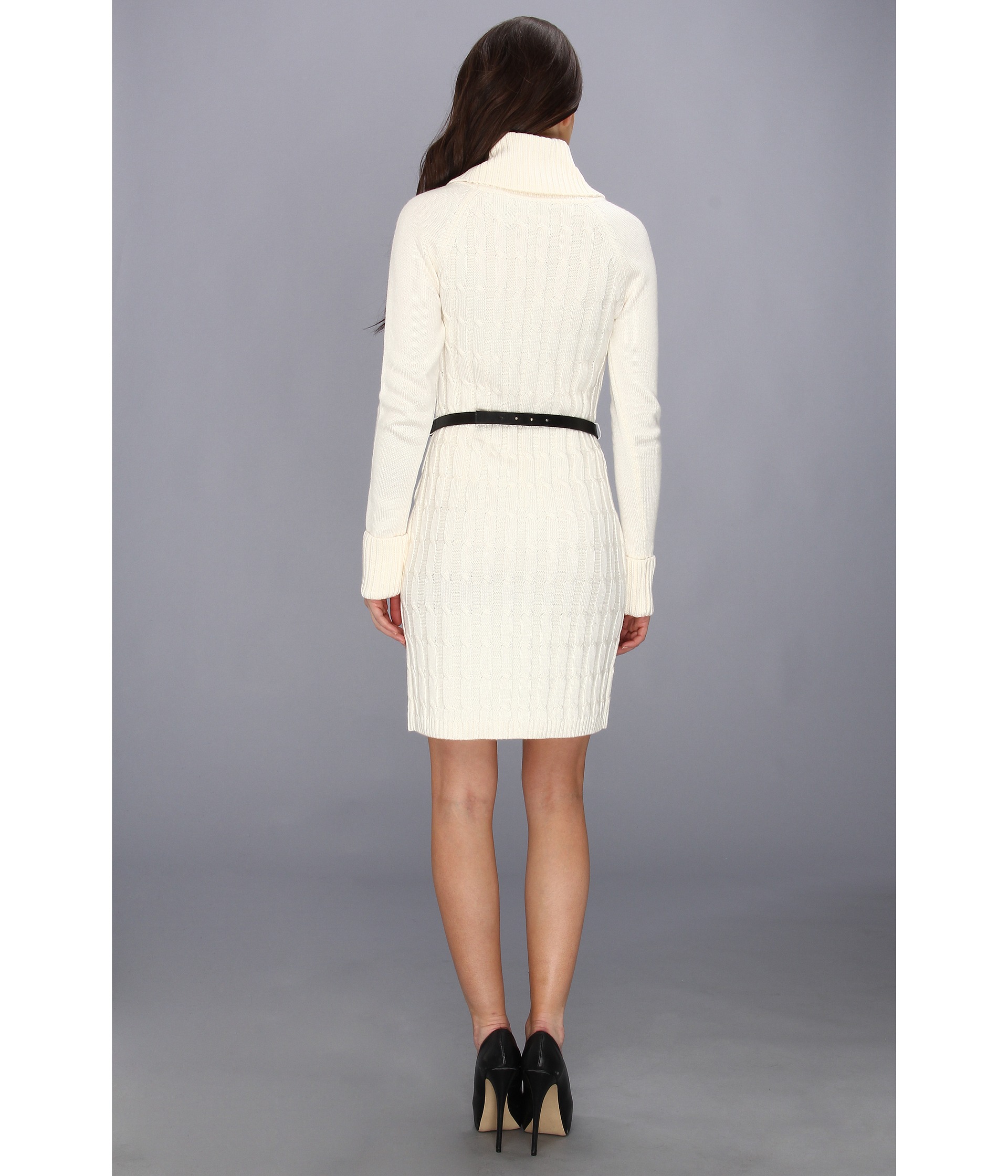 Calvin Klein L/S Cable Knit Cowl Neck Sweater Dress Ivory