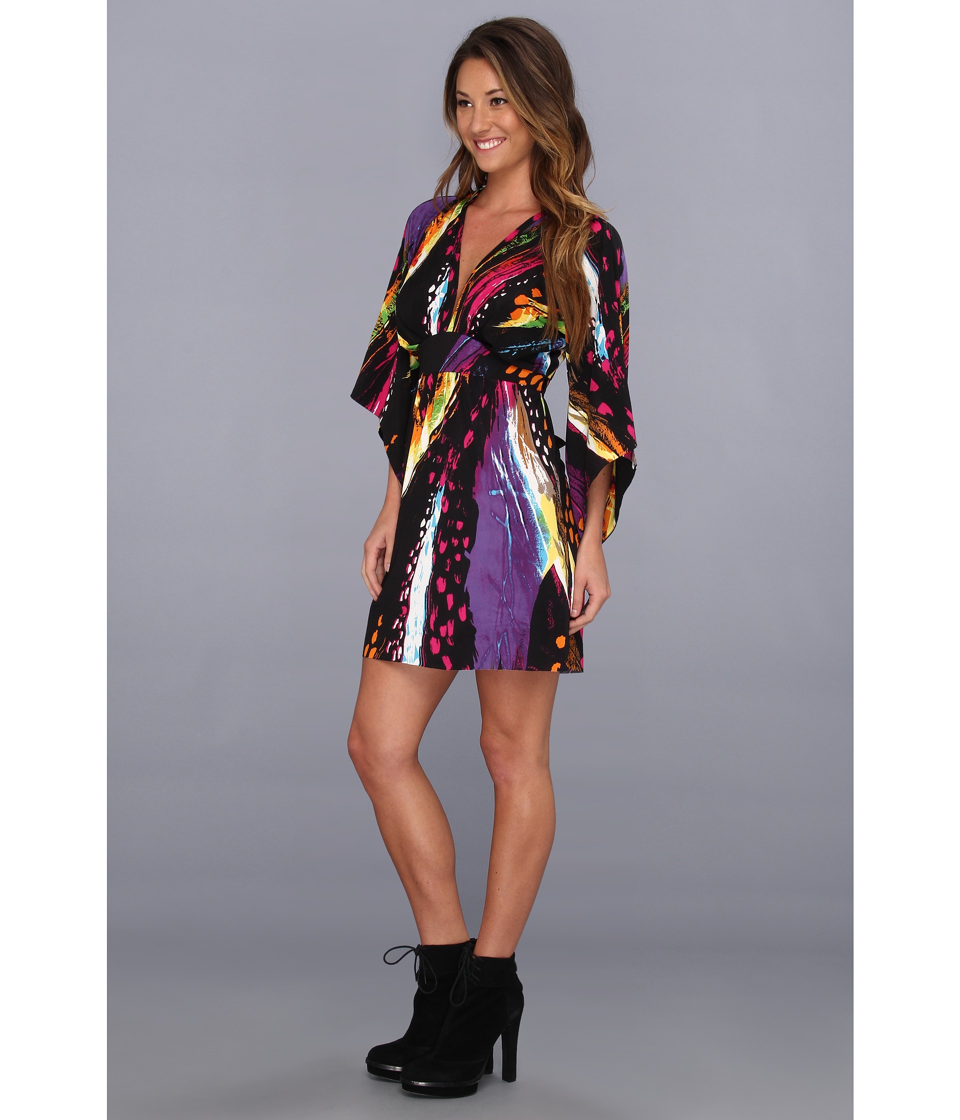 Tbags Los Angeles Deep V Neck Kimono Sleeves Mini Dress PE1 Print