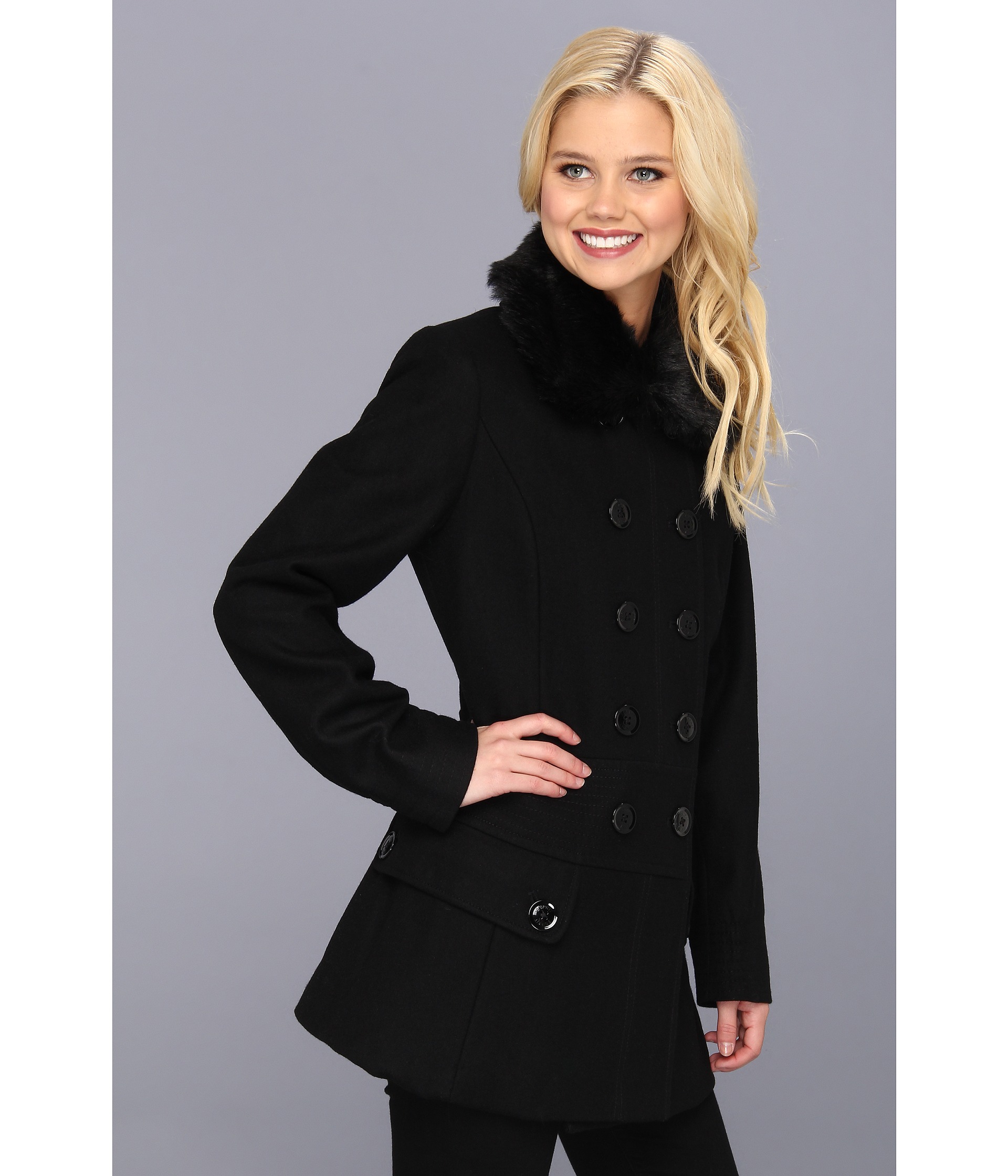 esprit double breasted peacoat with faux fur removable collar black