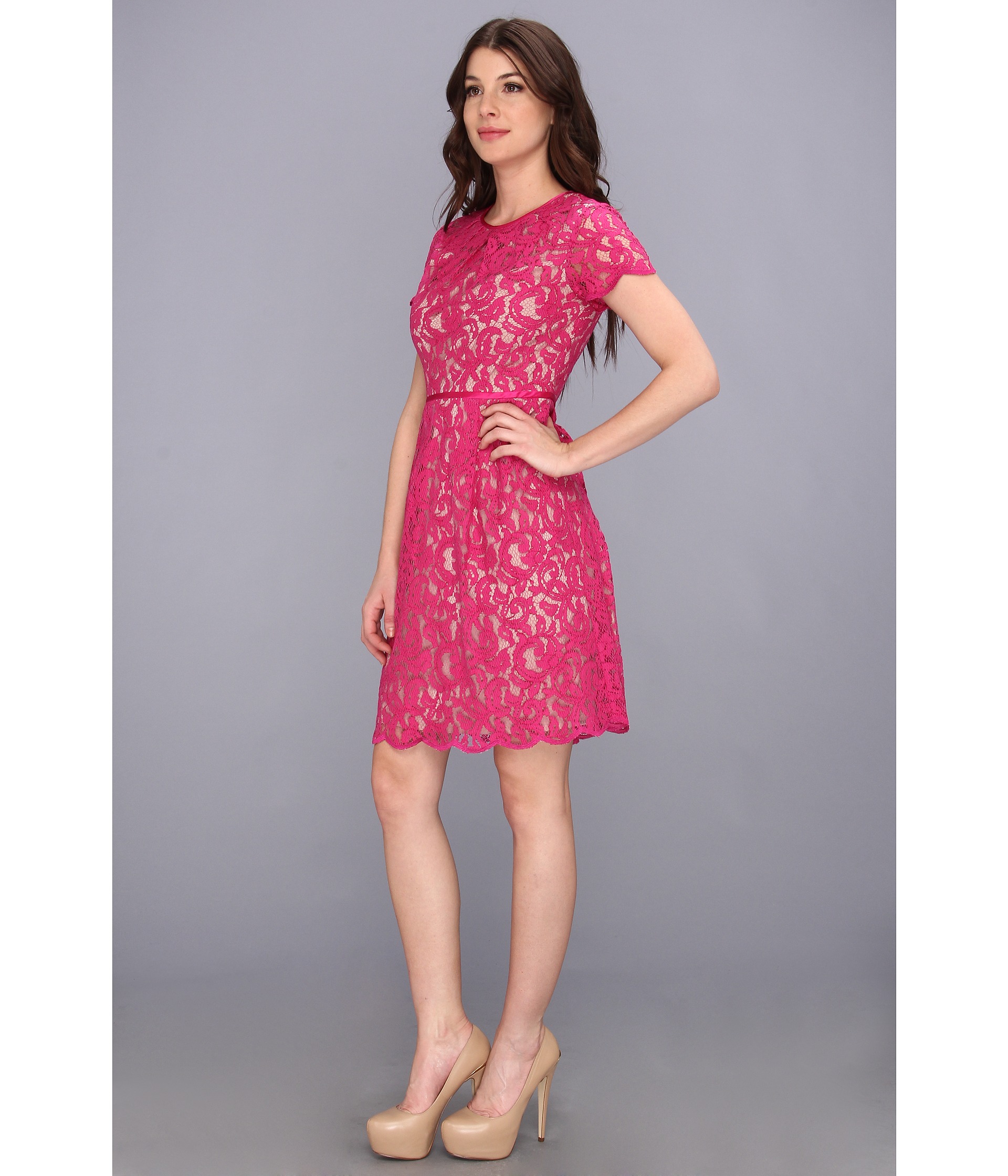 Adrianna Papell Pleat Scallop Lace Dress