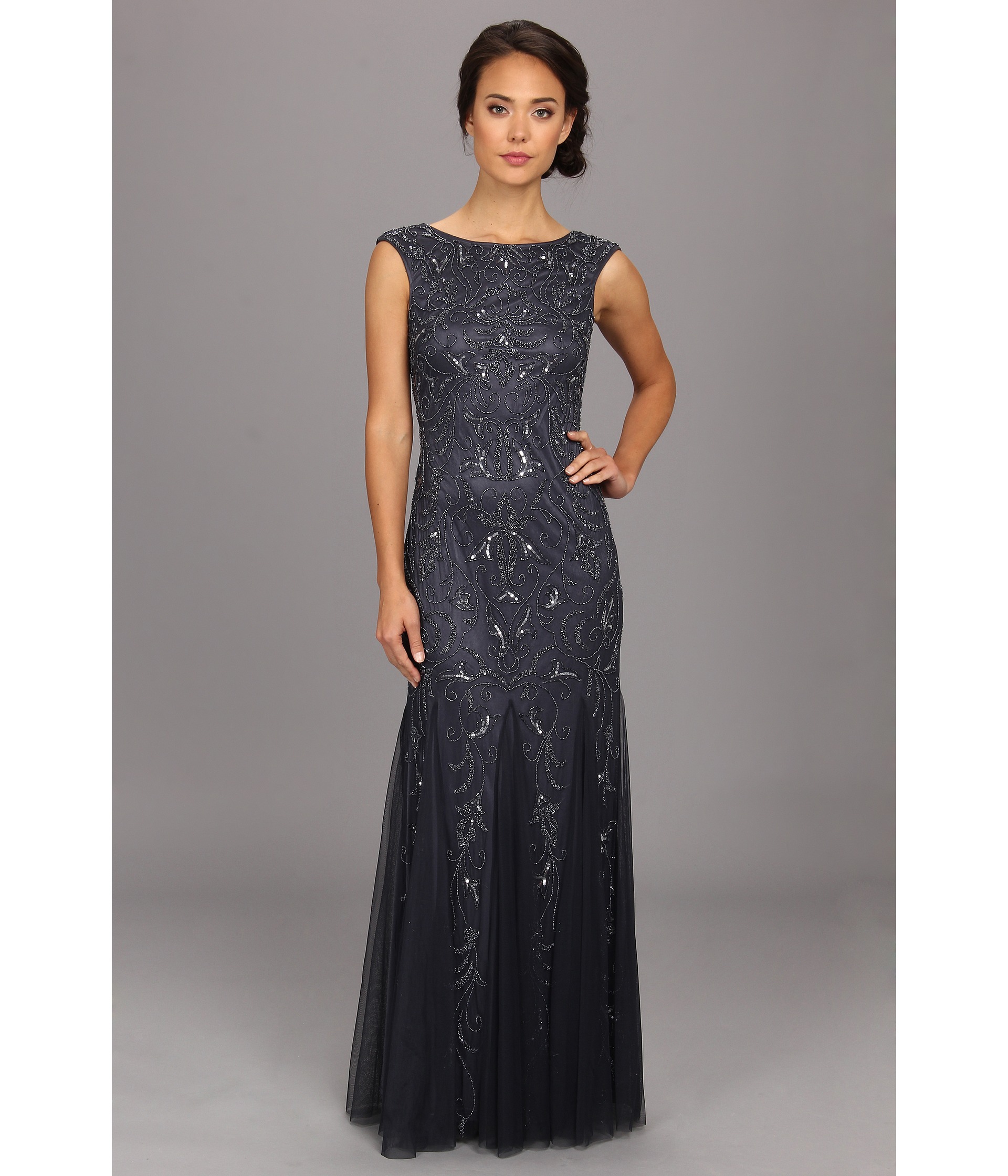 Adrianna Papell Cap Sleeve Beaded Gown Charcoal
