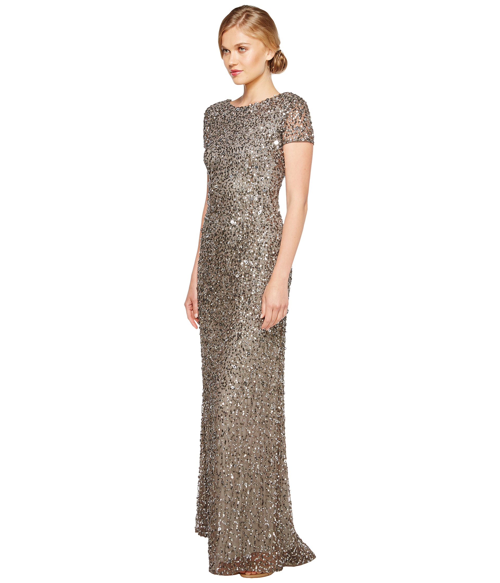 Adrianna Papell Cap Sleeve Scoop Back Beaded Down Dress