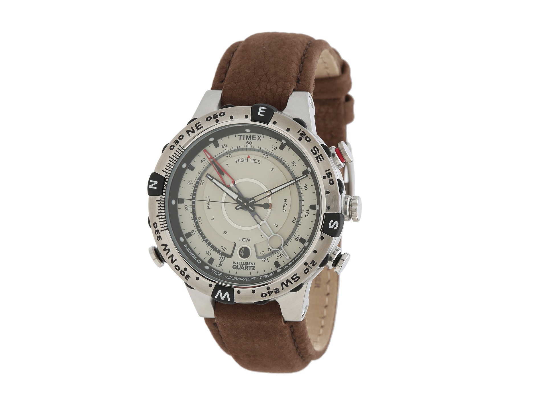 Timex Intelligent Quartz Adventure Series Tide Temp Compass Leather Strap Watch Brown Natural Silver