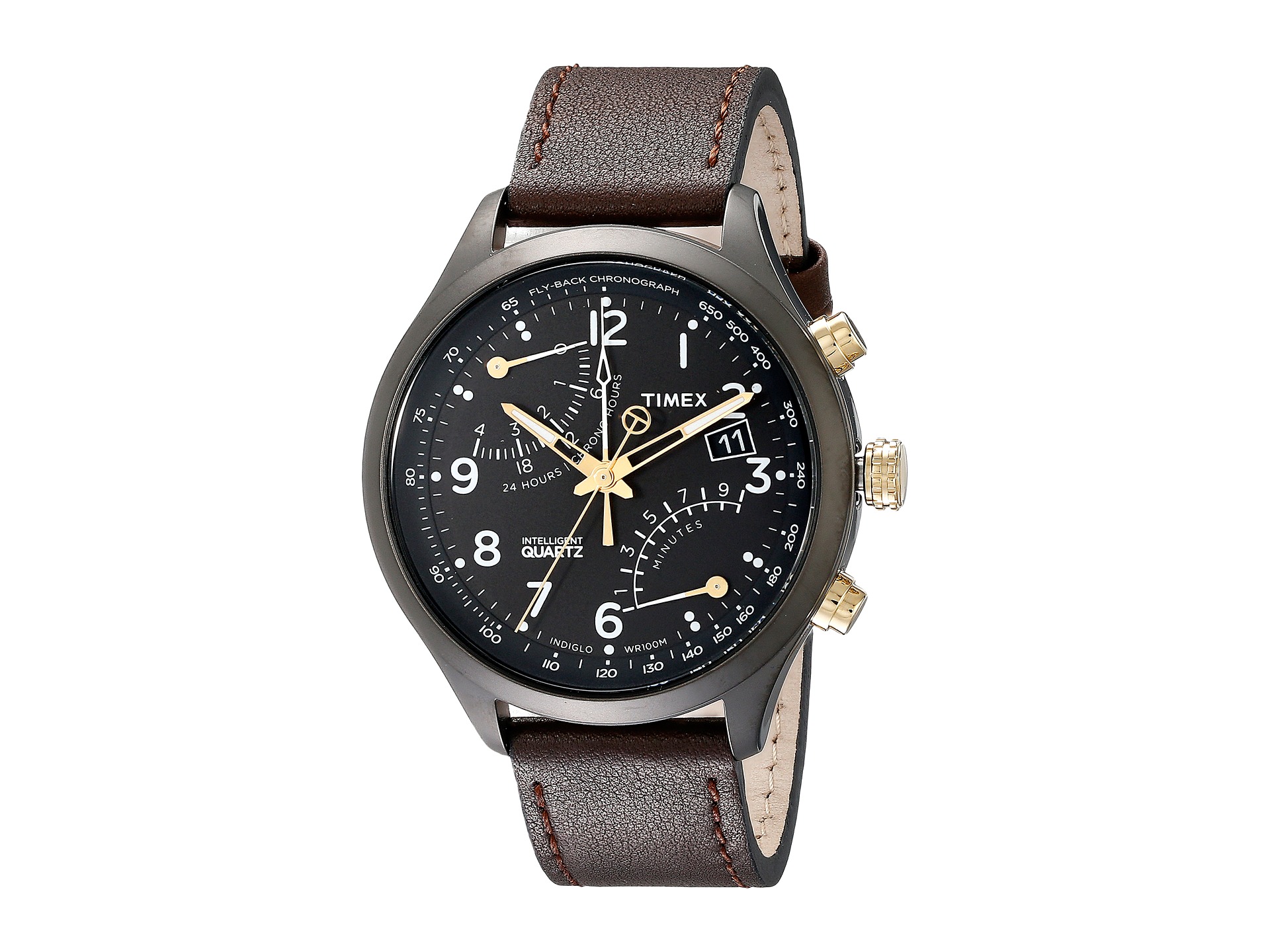 Timex Intelligent Quartz Fly Back Chronograph Leather Strap Watch Black/Brown/Gray