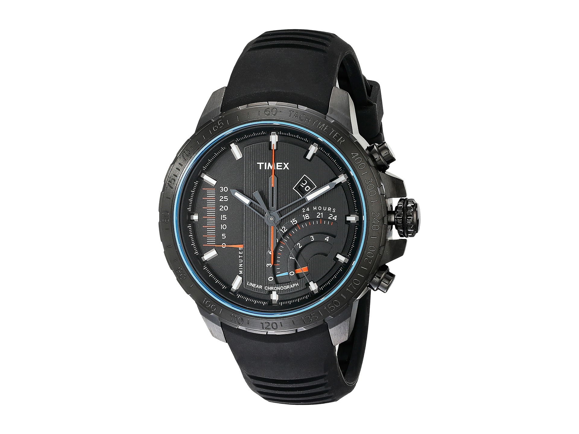 Timex Intelligent Quartz Adventure Series Linear Indicator Chronograph Silicone Strap Watch Black/Blue/Orange