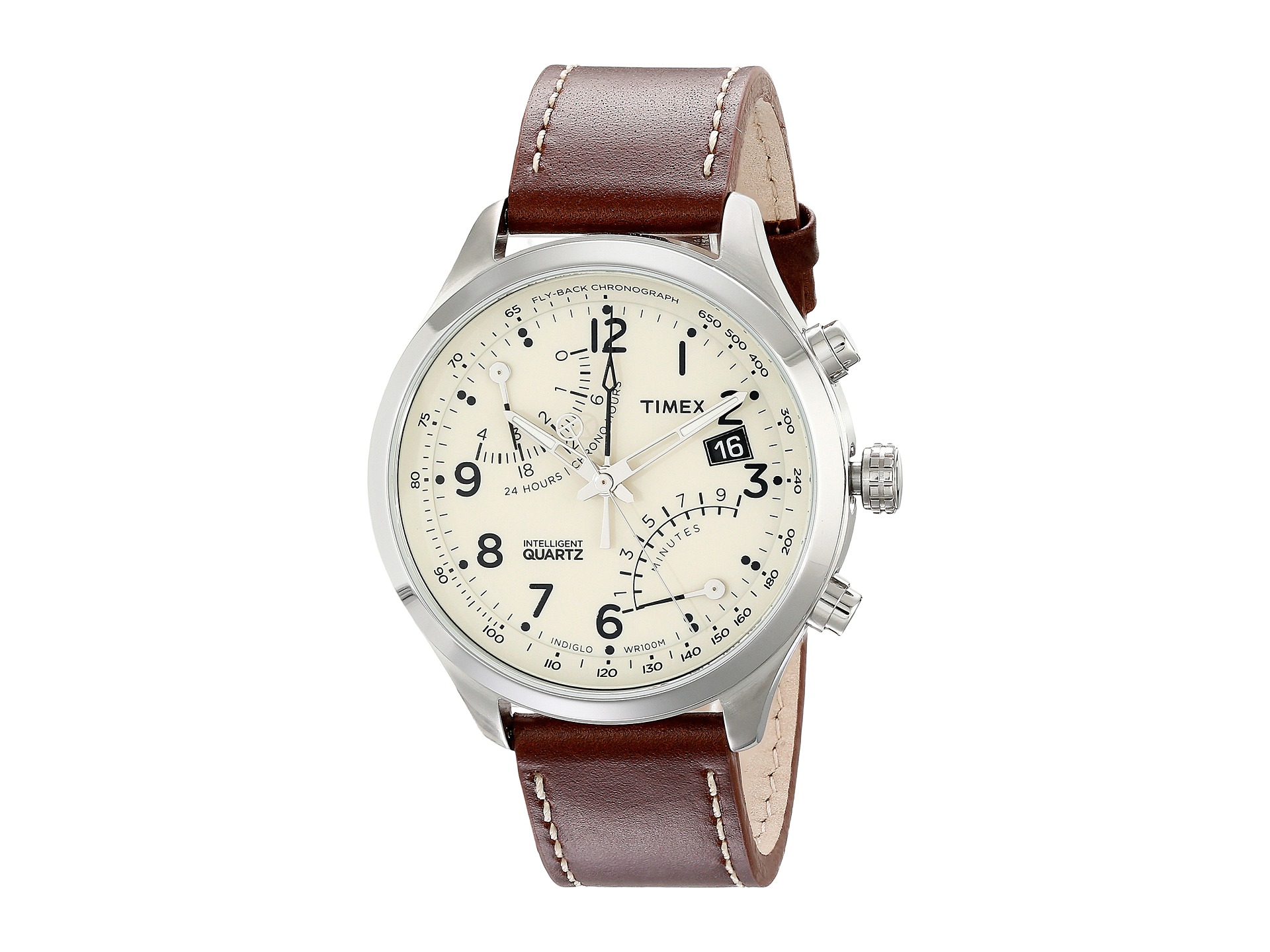 Timex Intelligent Quartz Fly Back Chronograph Leather Strap Watch Brown/Cream/Silver Tone