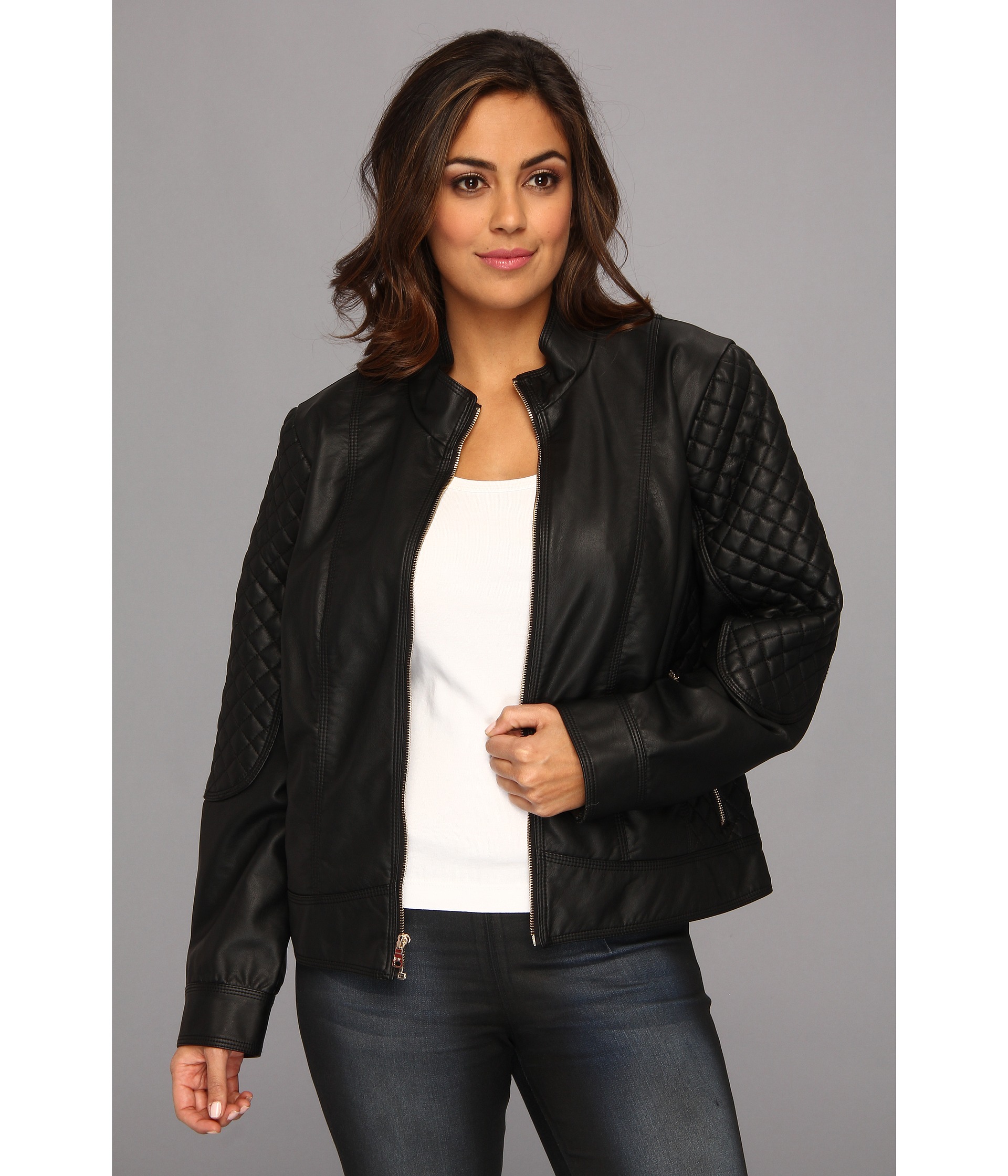 Jessica Simpson Plus Size Quilted Faux Leather Moto Jacket With Band Collar Black,