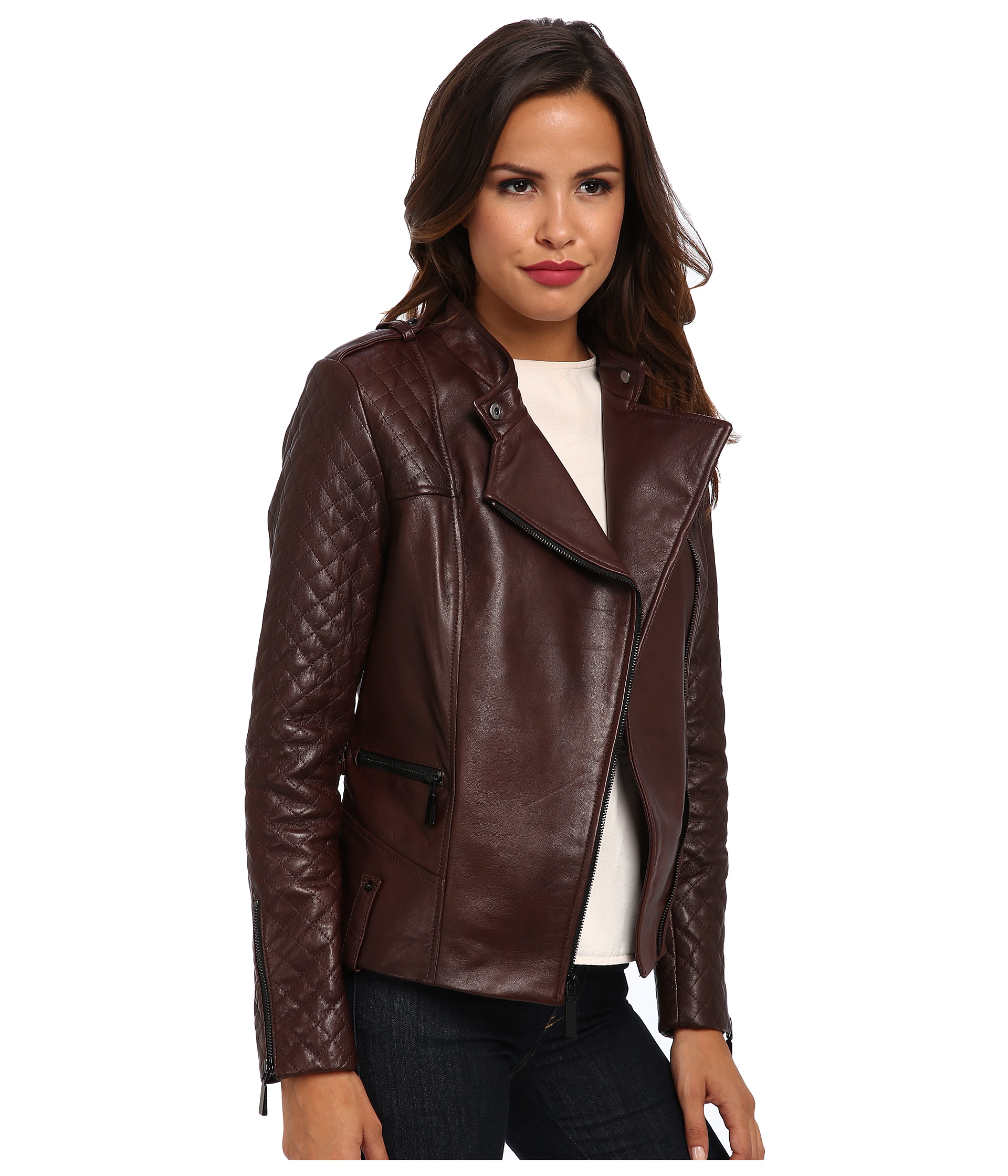 Vince Camuto Leather Moto Jacket With Quilted Sleeves G8941 | Shipped ...