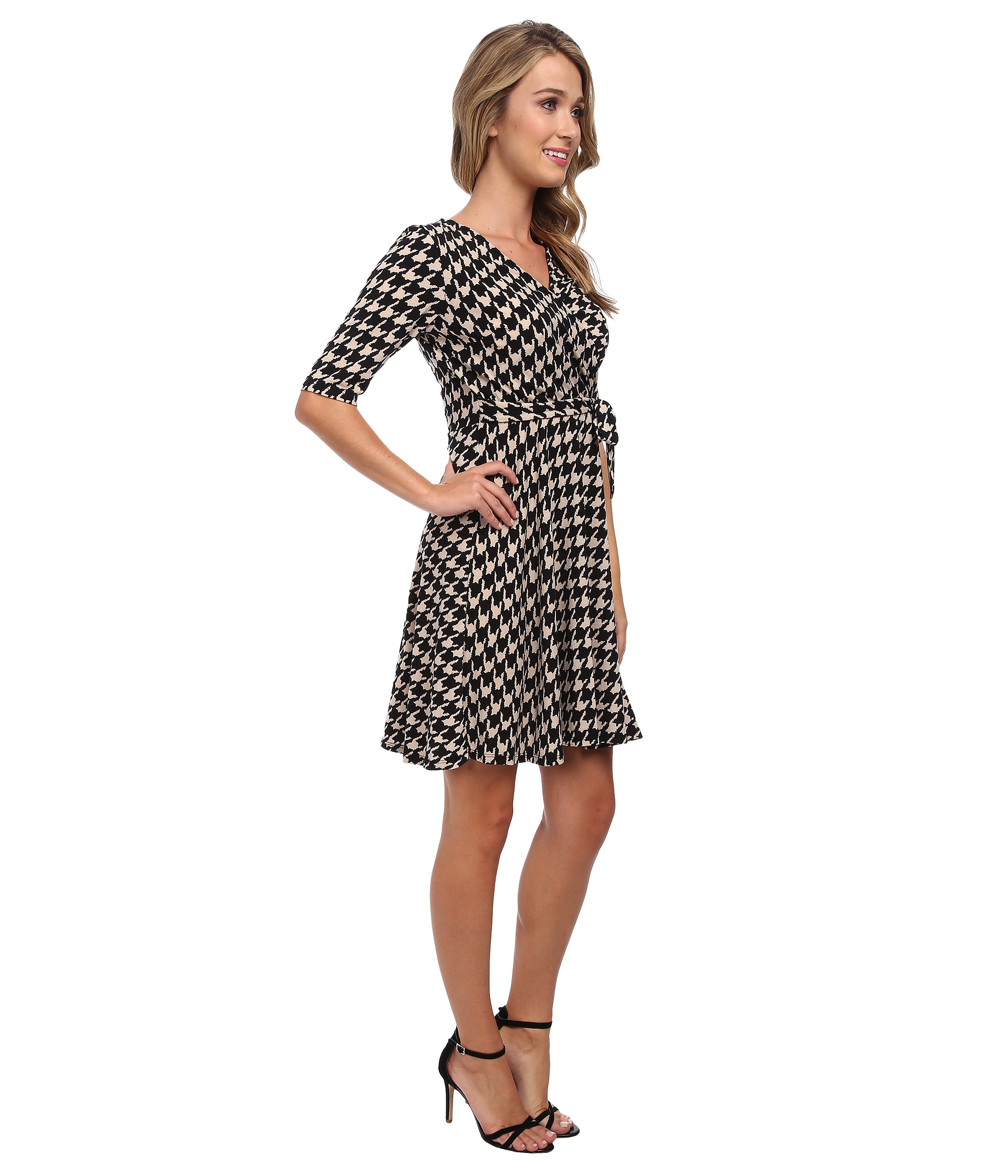 Christin Michaels Tanagers Houndstooth Wrap Dress Taupe/Black
