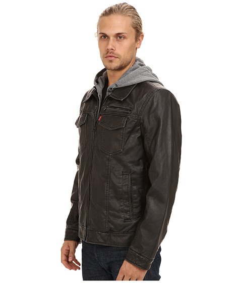 Levi's® Faux Leather Two-Pocket Hoodie Trucker Jacket at 6pm.com