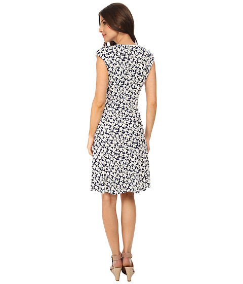 London Times Shirred Shoulder Fit and Flare Dress Navy/Coral - 6pm.com