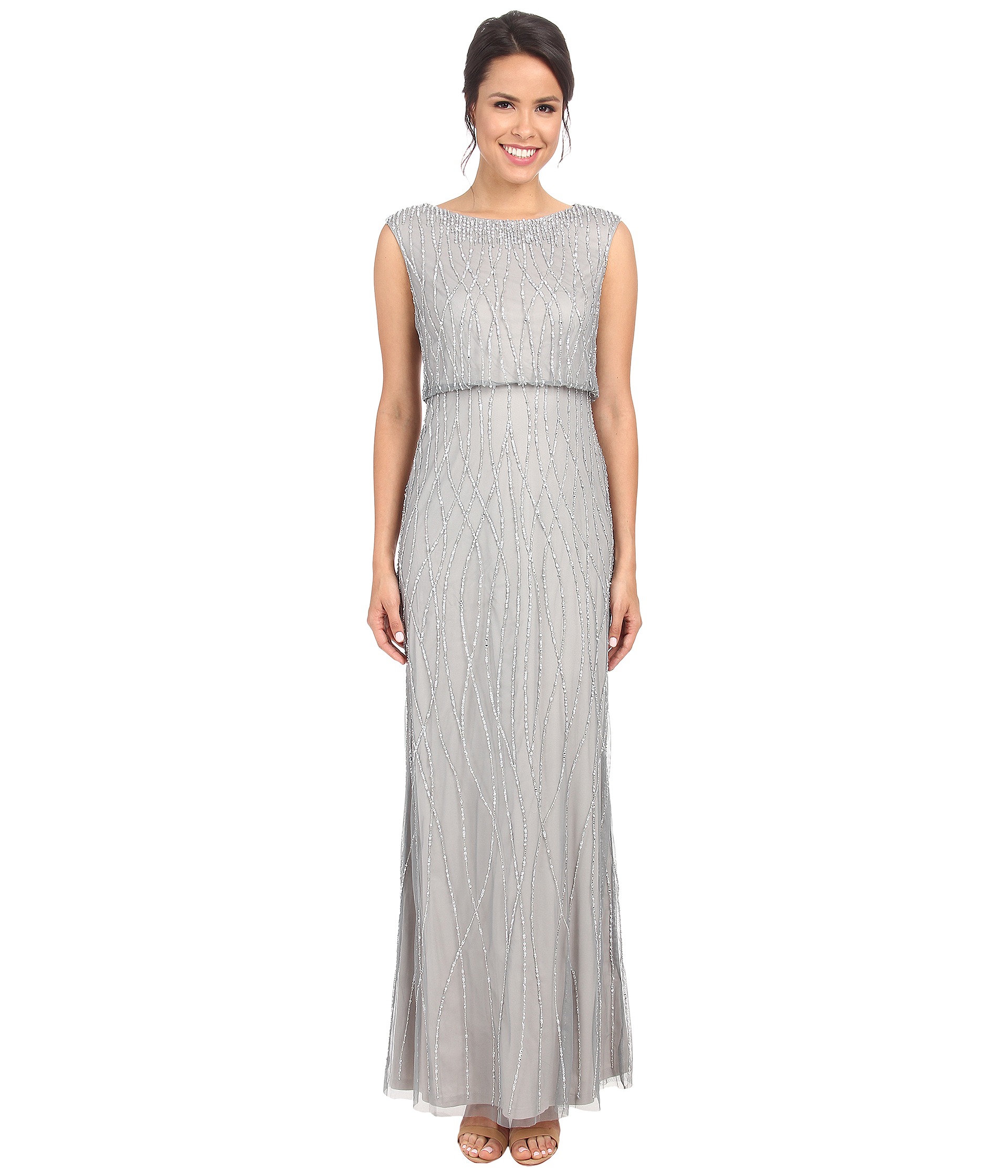 Adrianna Papell Deco Vine Beaded Gown Slate