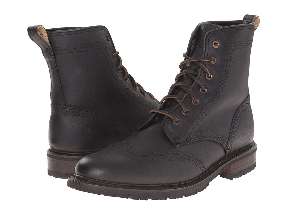 Frye James Lug Wingtip Boot Shearling Black WP Soft Pebbled Full Grain Men Frye James Lug Wingtip Boot Shearling Black WP Soft Pebbled Full Grain Men