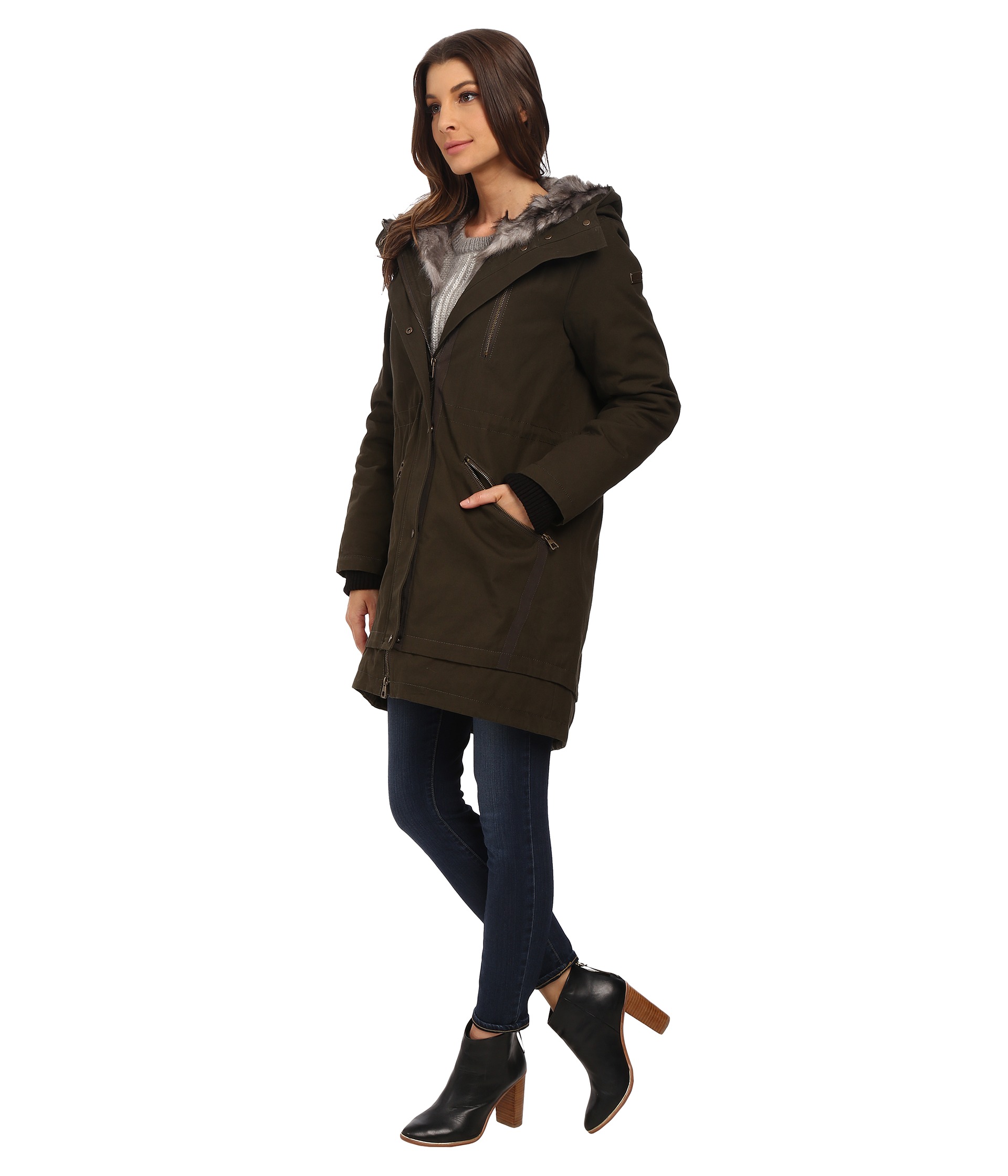 Vince Camuto Parka with Faux Fur Lined Hood J8851 Dark Olive - Zappos ...