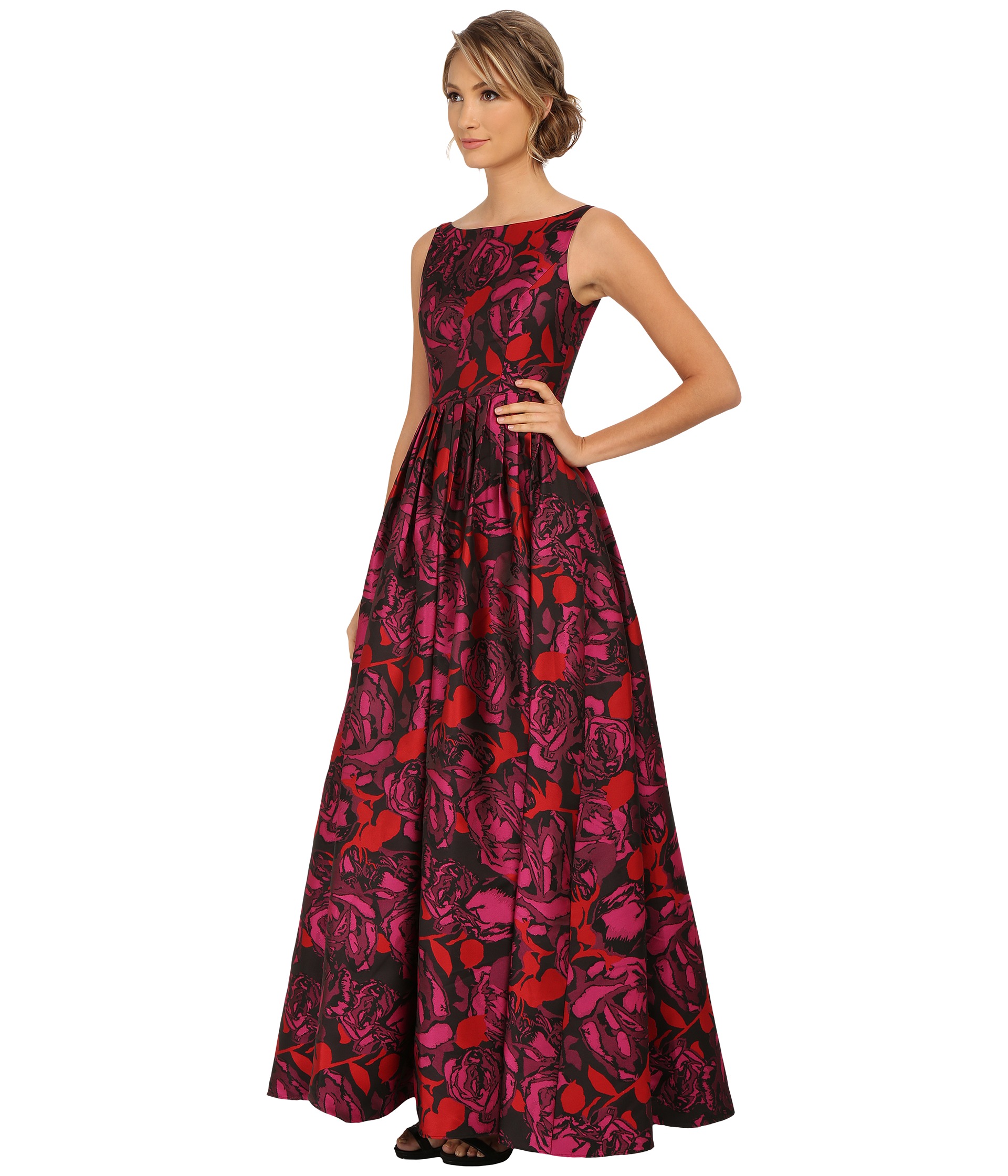 Adrianna Papell Sleeveless Floral Jacquard Ball Gown Red Multi