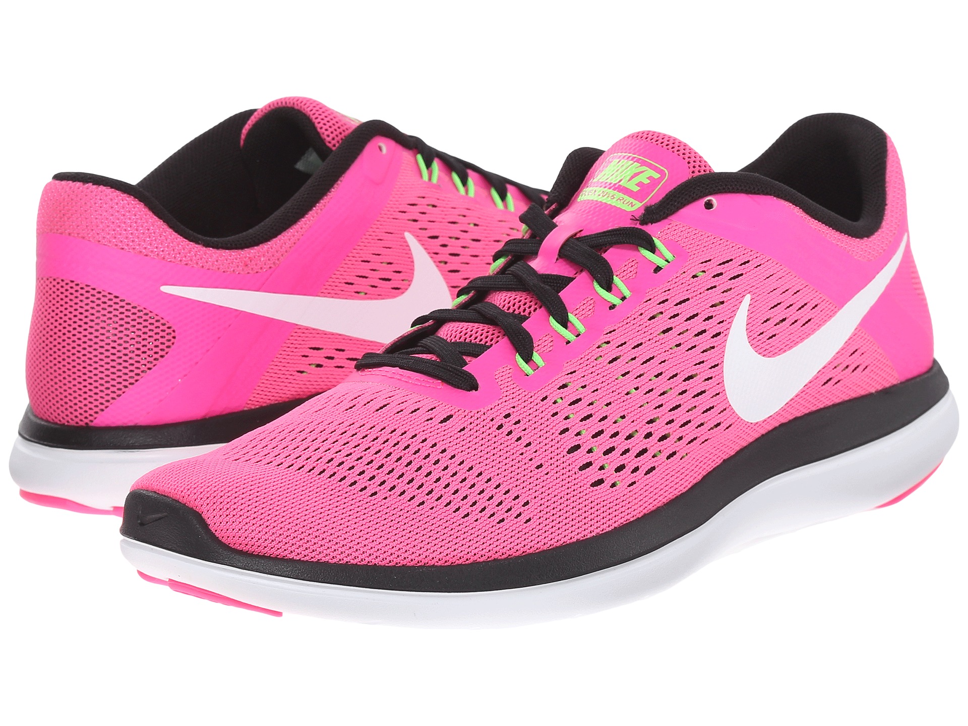 Nike Flex 2016 RN Pink Blast/Black/Electric Green/White - Zappos.com ...