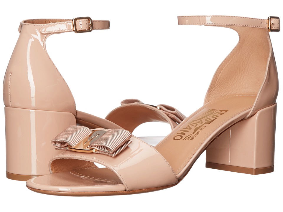 Salvatore Ferragamo Suede Block Sandal (New Bisque Patent) High Heels