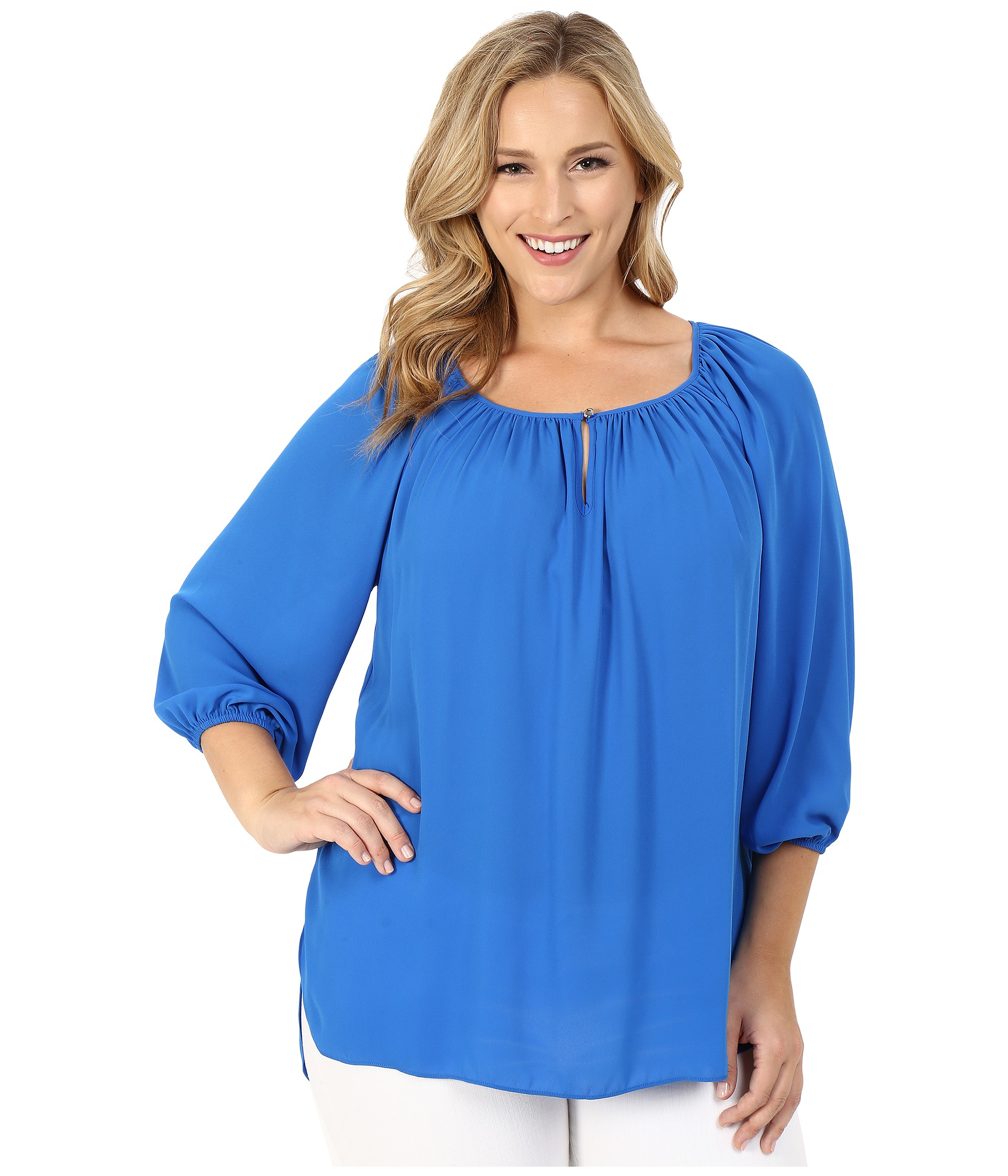 Vince Camuto Plus Plus Size 3/4 Sleeve Shirred Neck Peasant Blouse ...