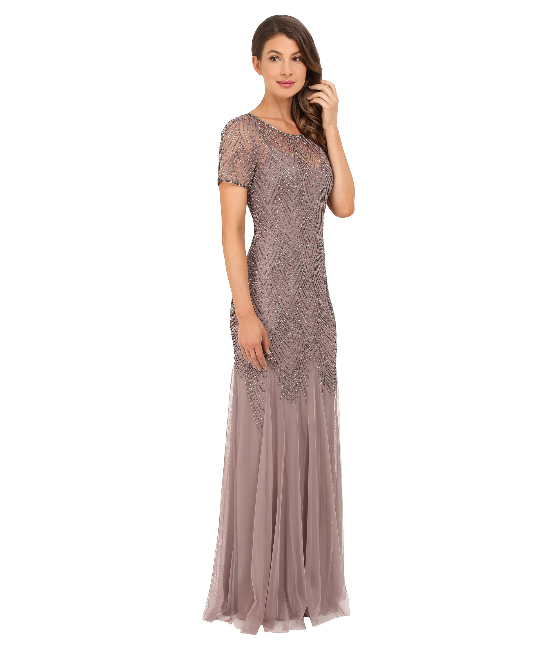 Adrianna Papell Short Sleeve Beaded Gown Stone