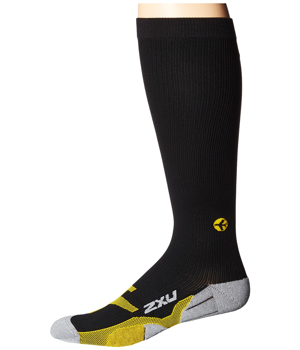 2XU - Flight Compression Socks (Black/Yellow) Mens Knee High Socks Shoes