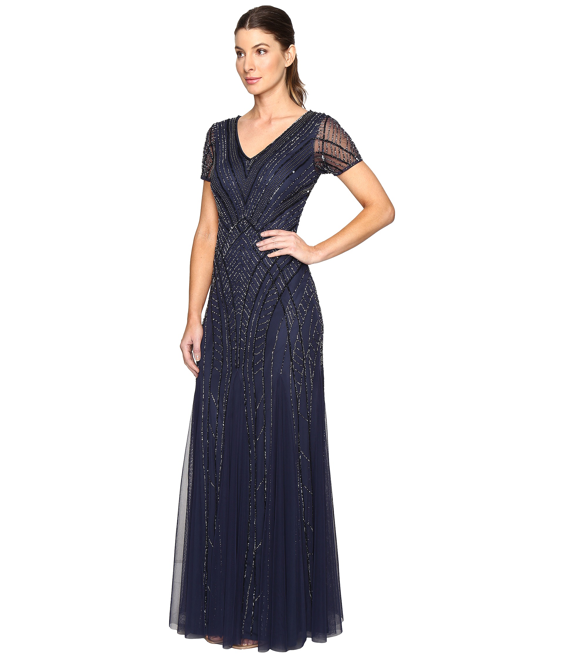 Adrianna Papell Short Sleeve Illusion Neck Beaded Gown at Zappos.com
