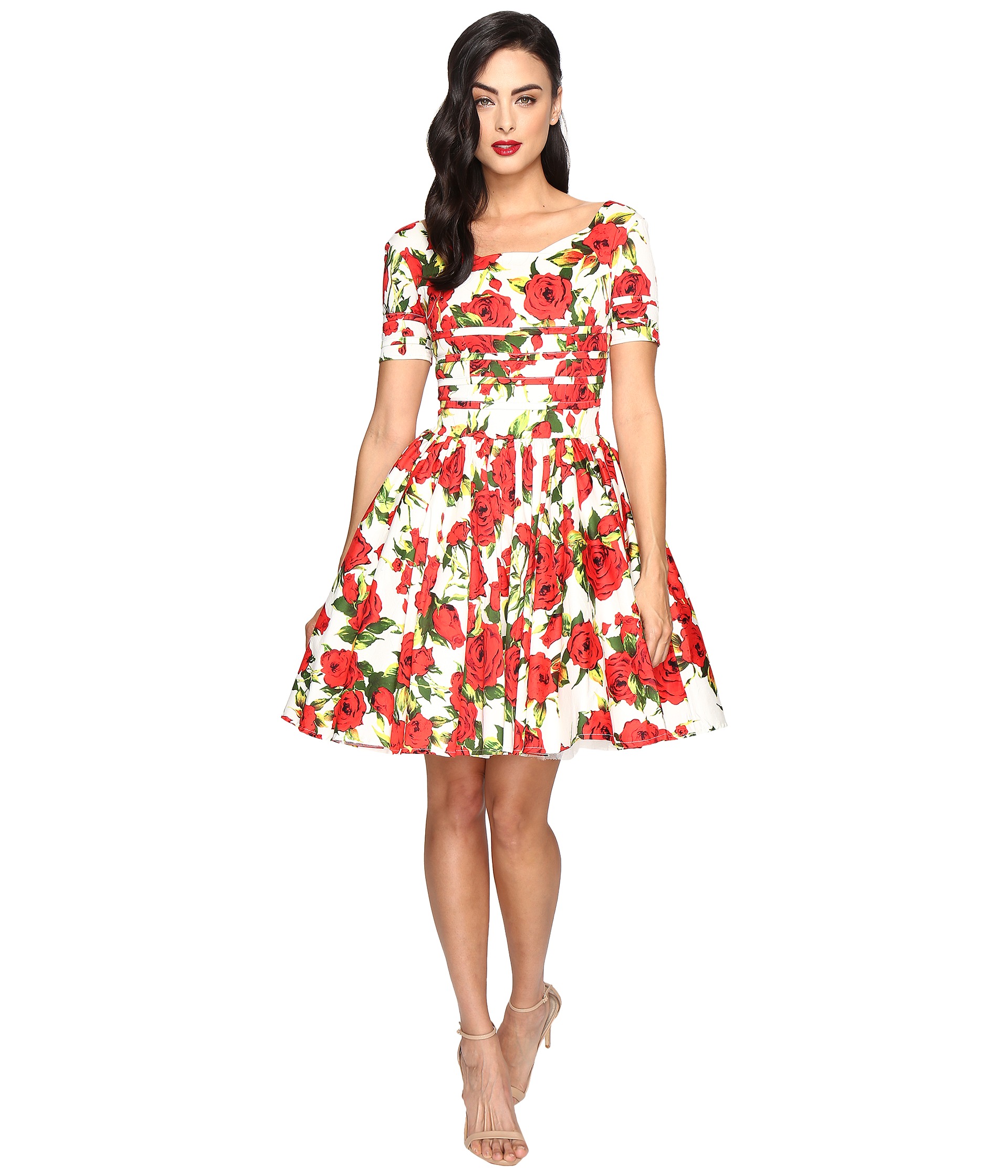 Unique Vintage Short Sleeved Roman Holiday Dress White Floral - Zappos ...