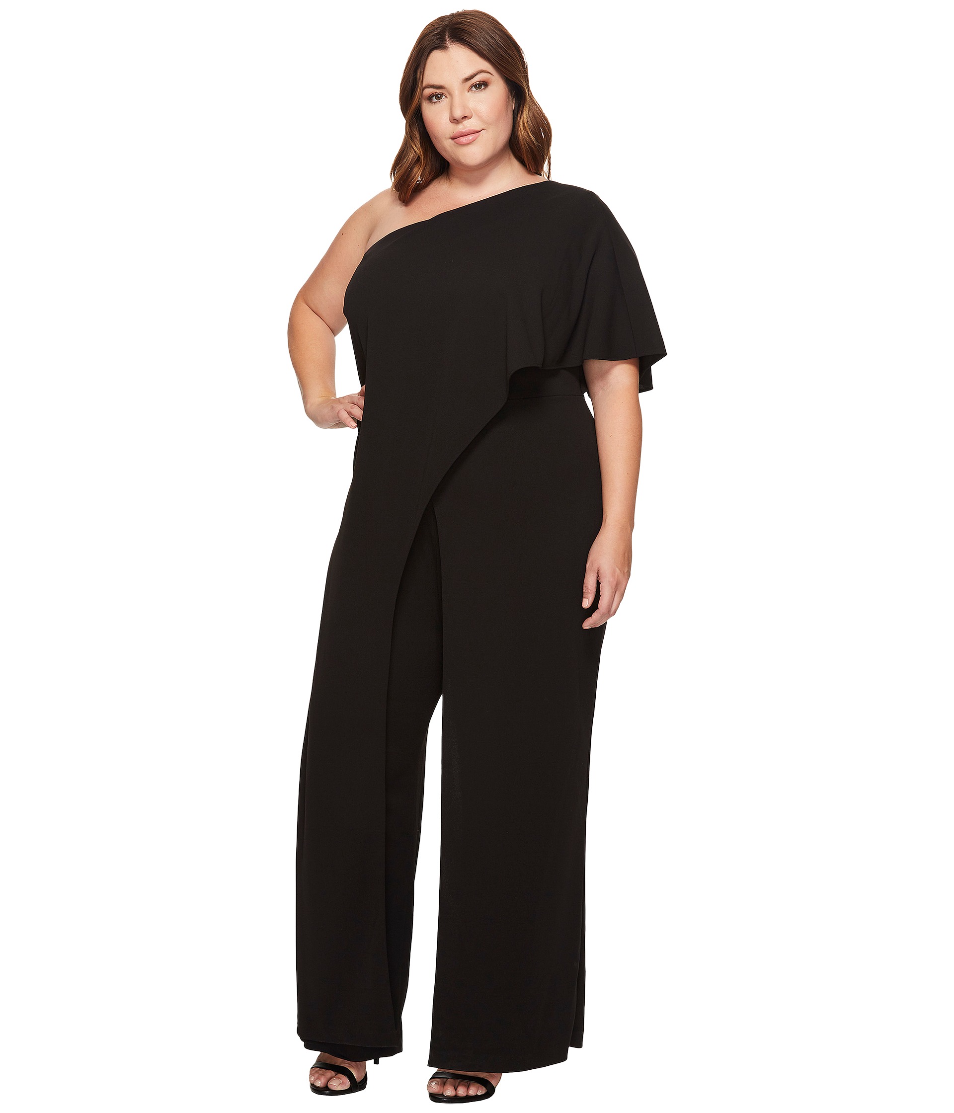 Adrianna Papell Plus Size One Shoulder Flutter Sleeve Jumpsuit with ...